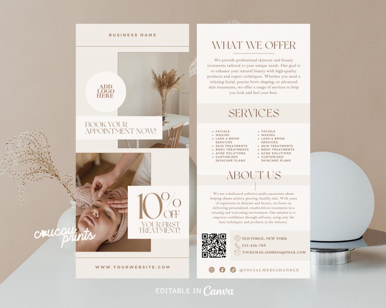Editable Business Rack Card Flyer Canva Template, One Page Marketing Flyer, Esthetician Flyer, Canva Thin Flyer, Beauty Salon Flyer, Elle image 1