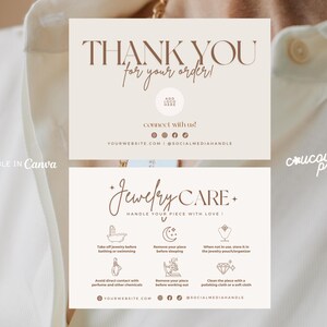 Plantilla minimalista para tarjeta de cuidado de joyas, tarjeta personalizada con instrucciones para el cuidado de joyas, inserto imprimible para tarjeta de agradecimiento de joyería moderna / Elle