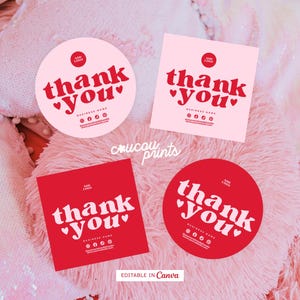 Adesivo de agradecimento rosa para empresas, etiqueta adesiva para lacre de caixa redonda, adesivo para embalagem para impressão, lacre de embalagem faça você mesmo, etiqueta de marca Canva - Sofi