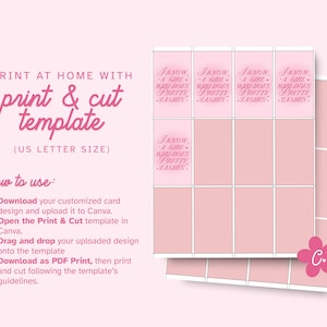 Puede incluir: Una plantilla digital rosa para imprimir y cortar en tama&ntilde;o carta de EE. UU. La plantilla presenta una cuadr&iacute;cula de secciones rectangulares, algunas de las cuales contienen el texto I KNOW A GIRL WHO DOES PRETTY LASHES en cursiva.