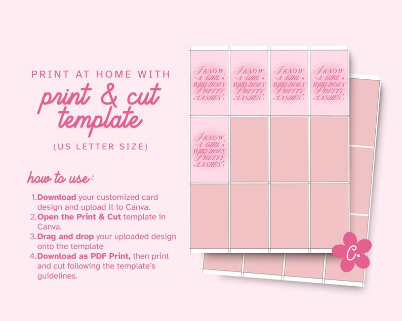 Puede incluir: Una plantilla digital rosa para imprimir y cortar en tama&ntilde;o carta de EE. UU. La plantilla presenta una cuadr&iacute;cula de secciones rectangulares, algunas de las cuales contienen el texto I KNOW A GIRL WHO DOES PRETTY LASHES en cursiva.