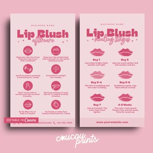 Plantilla de cuidado posterior del rubor labial PMU, Etapas de curación del rubor labial, Tarjeta de cuidado del maquillaje permanente, Cuidado de negocios de belleza, Instrucciones de la tarjeta PMU - Lola