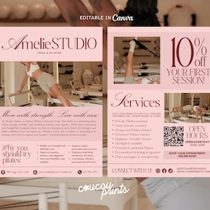 Può includere: Un volantino rosa e bianco per Amelie Studio, che offre lezioni di yoga e Pilates. Il volantino include immagini di Pilates, informazioni sui servizi e un codice QR. Pubblicizza uno sconto del 10% sulla prima sessione.