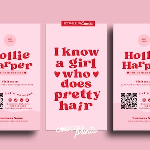 Modèle de carte de visite coiffeur QR Code, carte de visite à faire soi-même, carte de visite rose imprimable, carte de visite modifiable pour salon de beauté Canva - Sofi