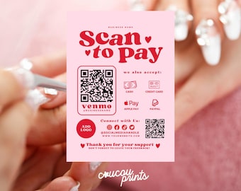 Plantilla editable de escaneo para pagar, letrero de código QR imprimible, letrero de pago aceptado, letrero de pago CashApp PayPal Venmo, pago digital Canva, Sofi