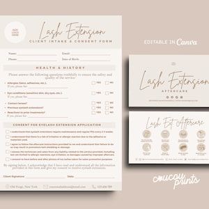 May include: A set of lash extension forms and aftercare cards. The forms include a client intake and consent form, and aftercare instructions. The forms are in a neutral color palette with elegant script font. The words "Lash Extension" are prominently displayed.