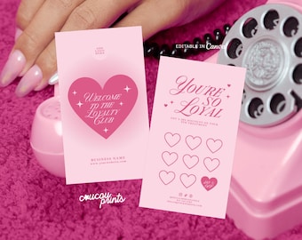 Pink Loyalty Card Template Canva, Editable Customer Punch Card, Printable Rewards Card Design, Stamp Card, Salon Loyalty Discount Card - Feb