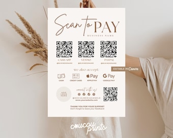 Editable Scan to Pay Sign for Small Business, QR Code Sign Template, Venmo Payment Sign, CashApp PayPal Sign, Digital Payment Canva | Elle