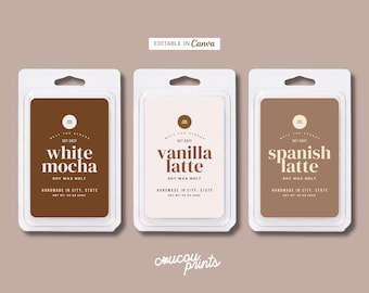 Custom Wax Melt Label Template, Modern Wax Tart Label Design, Printable Pre Designed Clamshell Wax Label Sticker Editable Label Canva, Latte