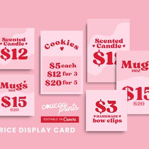 Modelo de cartão de exposição de preço rosa vermelho editável Canva, placa de loja pop-up para impressão, sinalização de loja editável, modelo de placa de preço pop-up - Sofi