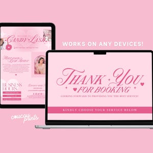 May include: A pink digital design displayed on a tablet and laptop. The tablet shows "Welcome to Candy Lash" with business information. The laptop displays "Thank You For Booking" in elegant script, with a call to action.