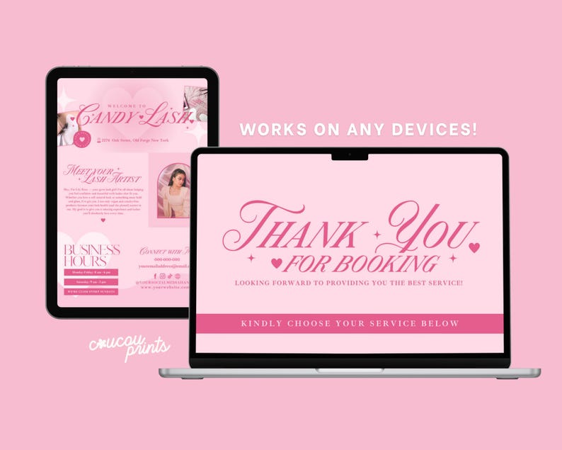 May include: A pink digital design displayed on a tablet and laptop. The tablet shows "Welcome to Candy Lash" with business information. The laptop displays "Thank You For Booking" in elegant script, with a call to action.