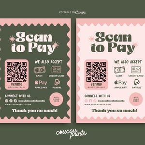 Puede incluir: Dos letreros rosas y verdes de "Escanear para pagar" de estilo retro. Cada letrero incluye un código QR, opciones de pago y redes sociales. Los letreros dicen "¡Muchas gracias!"