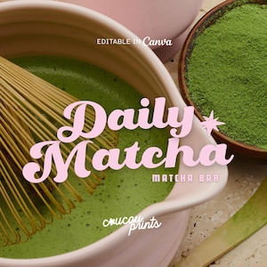 May include: Image of matcha preparation. A light pink bowl contains bright green matcha tea, whisked with a bamboo whisk. A wooden bowl of matcha powder and a wooden spoon are also visible. The text "Daily Matcha Matcha Bar" is displayed.