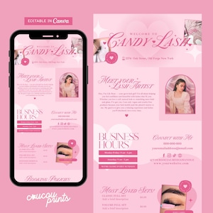May include: A pink advertisement for Candy Lash, displayed on a smartphone and a flyer. The design includes the text "Welcome to Candy Lash," business hours, contact details, and a list of services. The design incorporates hearts and a photo of a woman.