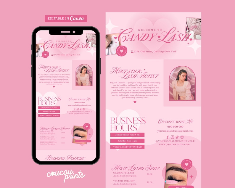 May include: Pink promotional material for Candy Lash, featuring a smartphone displaying a business advertisement. The ad includes the text "Welcome to Candy Lash," business hours, contact information, and a list of services. The design incorporates hearts and a photo of a woman.