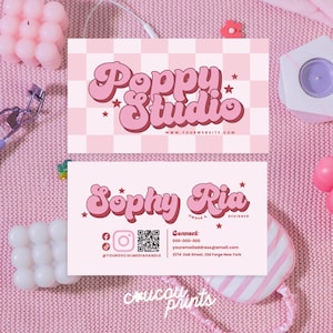Pink Retro Business Card Template QR Code, Custom Calling Card, Printable Beauty Salon Business Card, Editable Business Card Canva, Popy