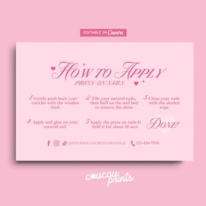 Pink How To App Press On Nails Anleitungskarte, bearbeitbare künstliche Nägel Anleitung und druckbare Nägel Visitenkarte Canva, Feb