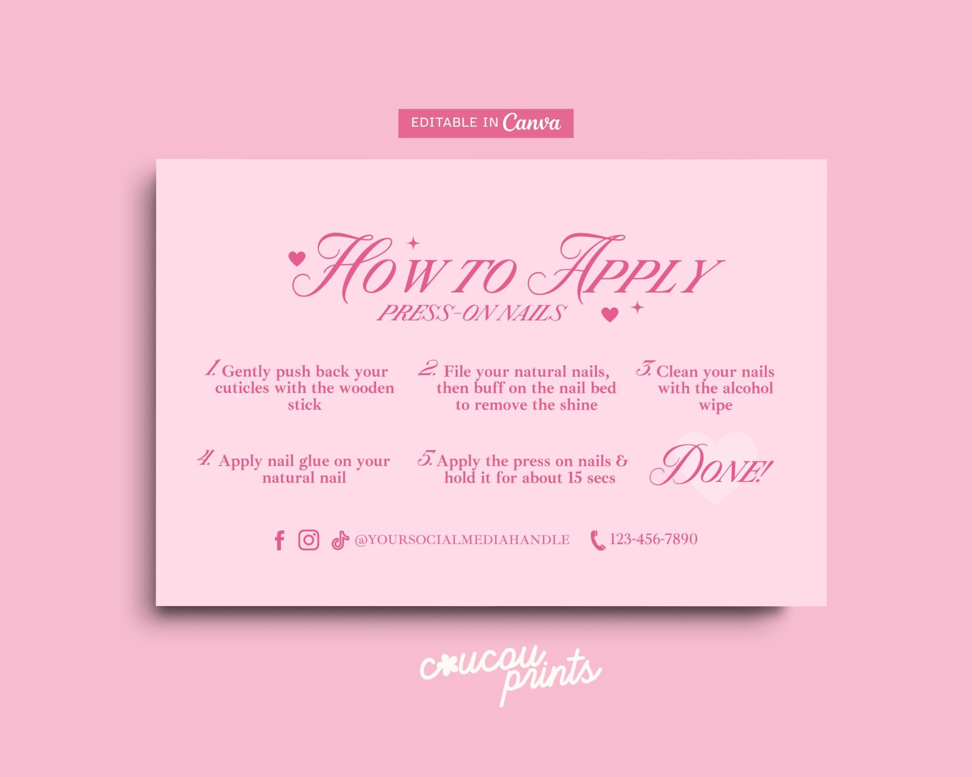 Pink How to Apply Press on Nails Instructions Card, Editable Fake Nails ...