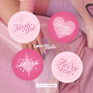 Adesivo de agradecimento rosa para empresas, etiqueta adesiva para lacre de caixa redonda, adesivo para embalagem para impressão, lacre de embalagem faça você mesmo, etiqueta de marca Canva - fev.