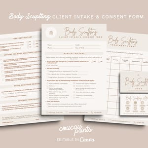 Könnte beinhalten: Eine Sammlung beiger und weißer Body Sculpting-Formulare, darunter ein Kundenaufnahmeformular, eine Behandlungstabelle und Visitenkarten. Die Formulare enthalten Überschriften wie "Behandlungshistorie" und "Medizinische Vorgeschichte" mit editierbaren Feldern und Kontrollkästchen.