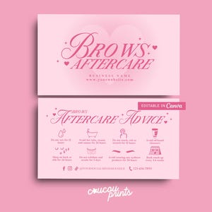 Kaartsjabloon voor roze wenkbrauwlaminering, nazorgkaart wenkbrauwkleuring, visitekaartje wenkbrauwbehandeling, gids voor klantenverzorging wenkbrauwen tint, canva, februari