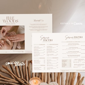 May include: Two beige and white spa service menus with the text "Elle Woods Beauty Studio" and "Service Menu". One menu shows a person receiving a facial. The other menu lists services and prices. The words "Editable in Canva" are also visible.