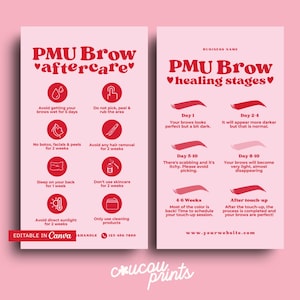 Plantilla para el cuidado posterior de cejas con PMU, plantilla editable para las etapas de cicatrización de las cejas, plantilla rosa para microblading (tarjeta DIY), cuidado de spa y belleza - Sofi