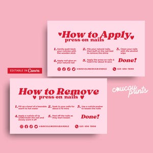 DIY How To App Press On Nails Anleitungskarte, bearbeitbare künstliche Nägel Anleitung und druckbare Nägel Visitenkarte Canva, Sofi