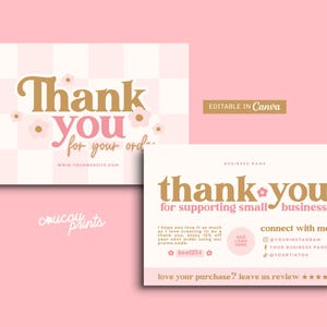 Puede incluir: Dos tarjetas de agradecimiento rectangulares con un fondo de cuadros rosa claro y blanco. Las tarjetas presentan texto en dorado y rosa, incluyendo 'Thank you for your order', 'thank you for supporting small business' y 'EDITABLE IN Canva'.