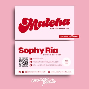 Pink Retro Business Card Template QR Code, DIY Custom Calling Card, Printable Beauty Salon Business Card, Editable Business Card Canva - Cha