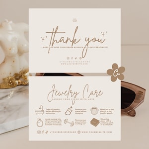 Modèle de carte d'entretien de bijoux minimaliste, carte d'instructions d'entretien de bijoux personnalisée, insertion de carte de remerciement pour entreprise de bijoux modernes imprimable - Elle