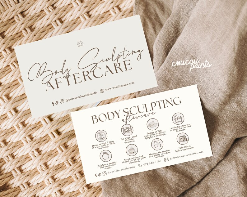 May include: Two cream-colored business cards with the text "Body Sculpting Aftercare" in elegant script. One card includes aftercare instructions with icons. The background is a woven texture and a beige fabric.