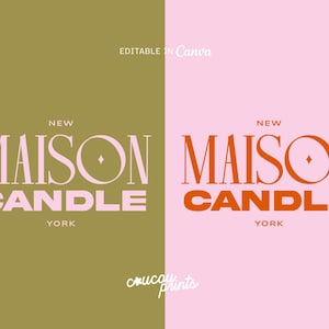 May include: A design split into two panels, one olive green and one pink. The text "NEW MAISON CANDLE YORK" is in a serif font, with pink text on the green panel and orange on the pink. The words "EDITABLE IN Canva" are at the top.