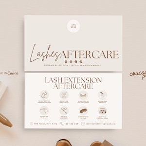 May include: A beige rectangular lash aftercare instruction card featuring brown text and icons. The top card displays 'Lashes AFTERCARE' and placeholders for a logo and website. The bottom card lists eight care steps with icons and contact details.