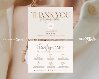 May include: Two rectangular beige cards with dark brown text. The top card reads THANK YOU for your order! with space for a logo and social media handles. The bottom card titled Jewelry CARE features icons and instructions for jewelry maintenance.