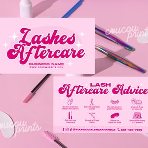 May include: Pink business cards with the text "Lashes Aftercare" and "Lash Aftercare Advice" in a retro font. The cards include lash care instructions and social media handles. The background is pink with lash tools.