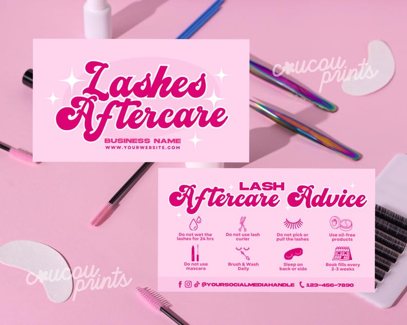 May include: Pink business cards with the text "Lashes Aftercare" and "Lash Aftercare Advice" in a retro font. The cards include lash care instructions and social media handles. The background is pink with lash tools.