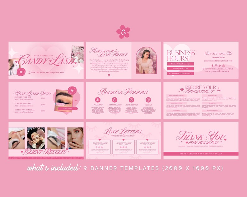 May include: Pink banner templates for a lash artist, featuring text like "Candy Lash," "Meet Your Lash Artist," and "Business Hours." Includes images and design elements for social media or website use. The set includes 9 templates.