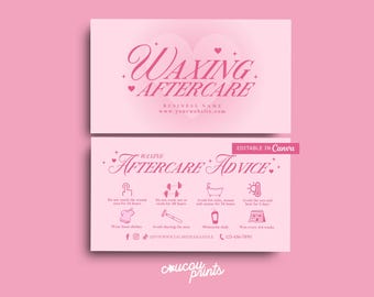 以下が含まれることがあります： Waxing Aftercare、Business Name、www.yourwebsite.comと書かれた薄いピンク色の長方形のカード。その下には、Waxing Aftercare Adviceと書かれた2枚目のカードがあり、ワックス脱毛後の指示、ソーシャルメディアのハンドルネーム、電話番号を示すアイコンとテキストが記載されています。