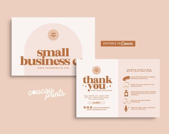 May include: Two rectangular cards with a light beige background and terracotta text. One card features an arch design, the text small business, and a placeholder for a logo. The second card includes thank you text, care instructions with icons, and social media placeholders. The text editable in Canva is visible.