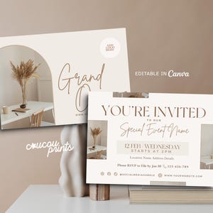 Modelo de folheto de inauguração, convite empresarial moderno, lançamento de site de fotos promocionais, convite de inauguração, cartão de referência de fotos, Elle