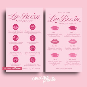 Plantilla para el cuidado posterior del rubor labial, rubor labial rosa editable, etapas de curación, plantilla para rubor labial PMU, cuidado de negocios de belleza de salón DIY Canva - Febrero