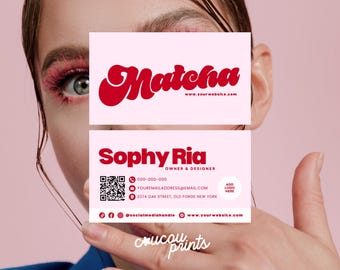 Pink Retro Business Card Template QR Code, DIY Custom Calling Card, Printable Beauty Salon Business Card, Editable Business Card Canva - Cha
