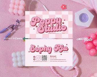 Plantilla de tarjeta de visita retro rosa con código QR, tarjeta de visita personalizada, tarjeta de visita imprimible para salón de belleza, tarjeta de visita editable en Canva, Popy