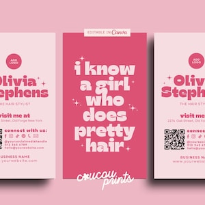 Friseur Visitenkarte Vorlage QR-Code, DIY Visitenkarte, druckbare rosa Visitenkarte, bearbeitbare Schönheitssalon Visitenkarte Canva - Lola