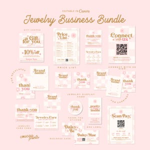 May include: A digital jewellery business bundle template set featuring a light pink and white checkered pattern with gold text. Includes price lists, thank you cards, jewellery display cards, gift coupons, stickers, and QR code signs for business use.