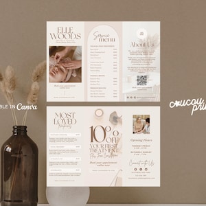 Könnte beinhalten: Eine dreifach gefaltete Broschüre für Elle Woods Beauty Salon mit Servicemenüs, Behandlungsdetails und Kontaktinformationen. Die Broschüre hat ein beige-weißes Farbschema mit Bildern von Spa-Behandlungen. Der Text "EDITABLE IN Canva" ist sichtbar.