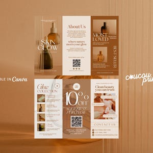 May include: A tri-fold brochure with a neutral color palette, featuring skincare products. The brochure includes text such as "Skin Glow," "About Us," and "10% Off Your First Purchase." Images of skincare bottles and product descriptions are also visible.