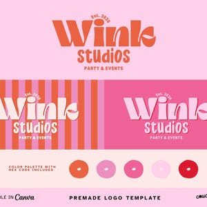 Könnte beinhalten: Eine digitale Logovorlage für Wink Studios Party & Events mit orangefarbenem und rosa Text sowie dem Gründungsdatum 2026. Das Design umfasst gestreifte und einfarbig rosa Hintergründe, eine Farbpalette mit fünf Kreisen und Canva-Text.